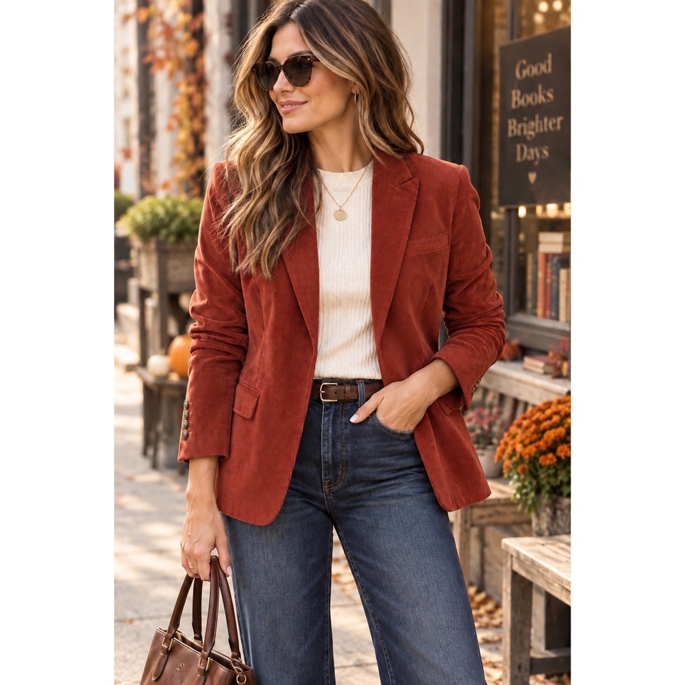 Chic Dark Academia Rust Corduroy Blazer Pocket Fall Preppy Boho Retro Sz 8 *FLAW